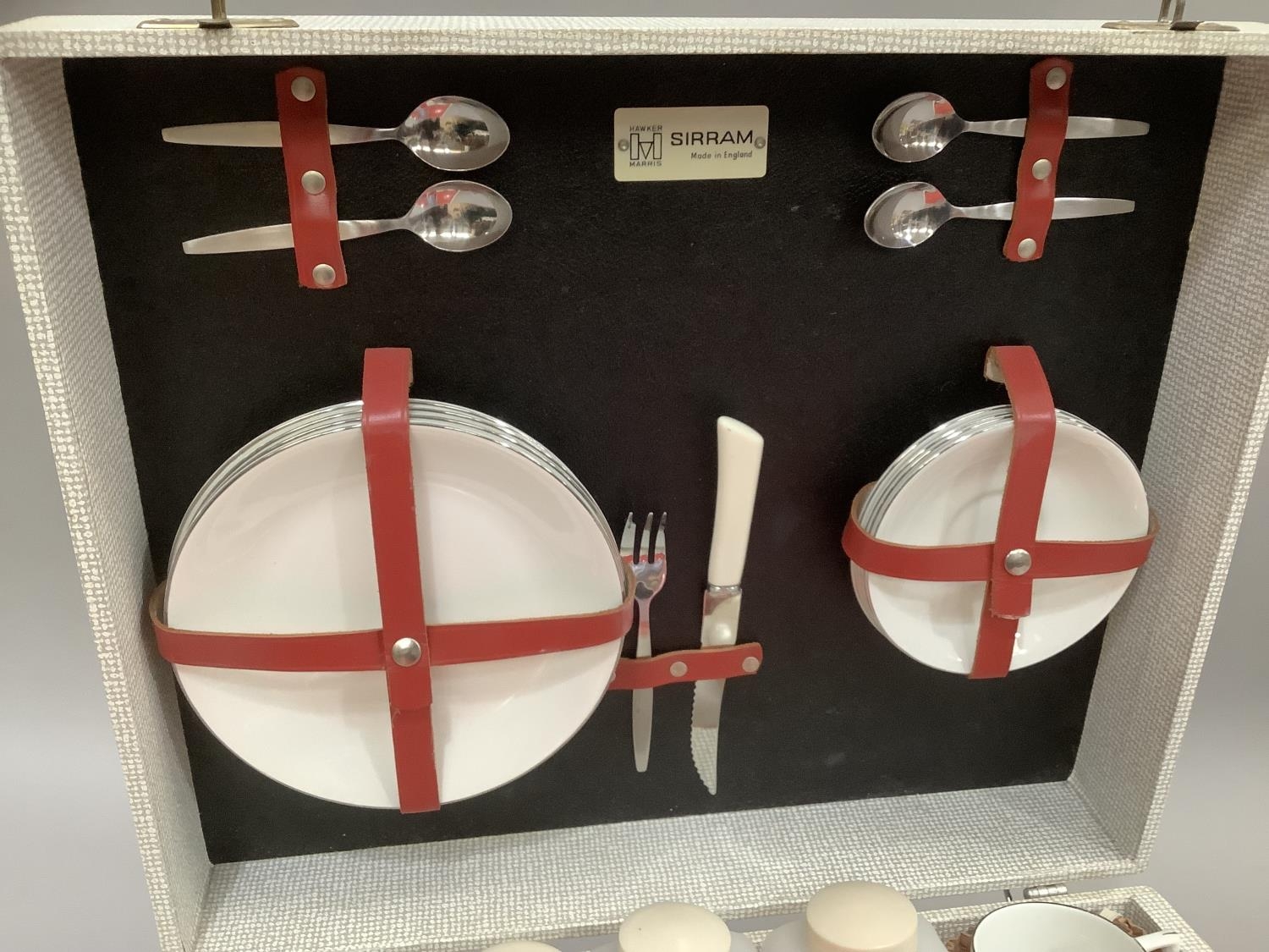 A vintage picnic hamper by Hawker Marris Sirram, containing cups, saucers, plates, teaspoons, - Image 2 of 3