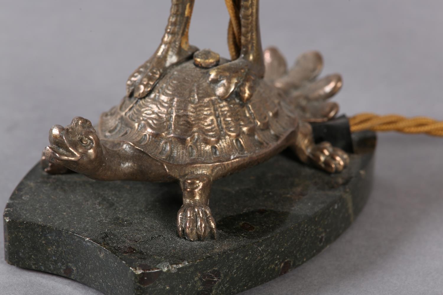 A PAIR OF EPNS TABLE LAMPS IN THE FORM OF A CRANE PERCHED ON THE BACK OF A TURTLE, on black marble - Image 7 of 9