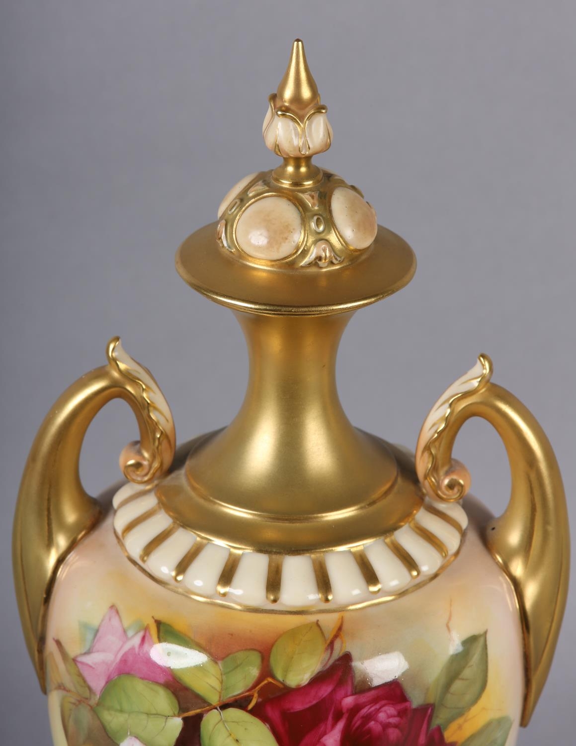 A Royal Worcester urn-shape vase and over painted by W H Austin with red and pink roses, signed - Image 2 of 9