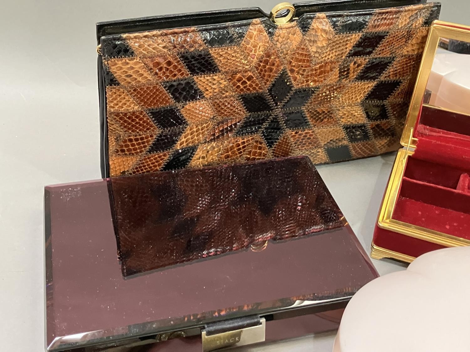 A snakes skin handbag in original packaging, a 1960's evening purse, a pair of gold lurex evening - Image 3 of 4