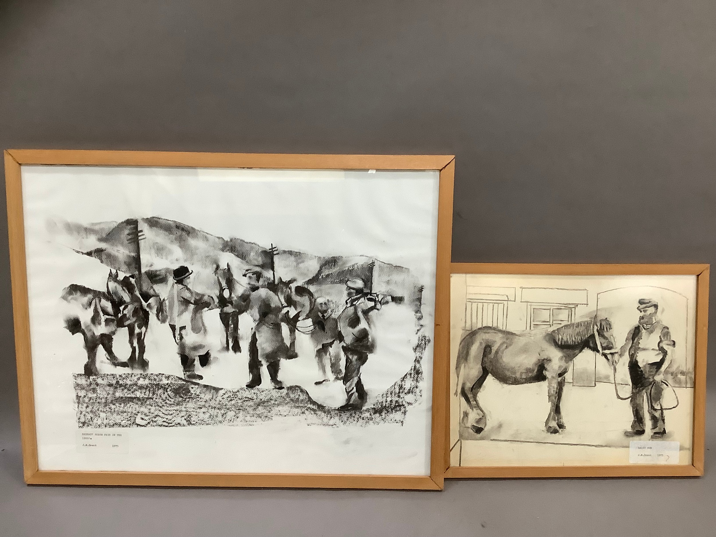 J W Grant - Barnaby horse fair in the 1900s, monochrome watercolour and charcoal, titled and
