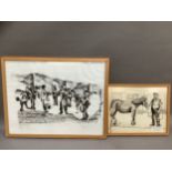 J W Grant - Barnaby horse fair in the 1900s, monochrome watercolour and charcoal, titled and