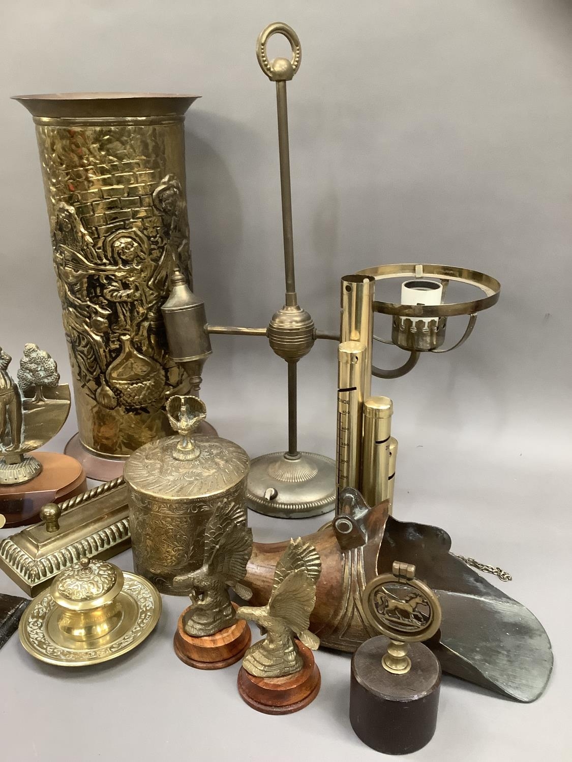 Brass ware including a Victorian inkwell, hearth ornaments, brass lyre-shaped letter holder, an - Image 3 of 4