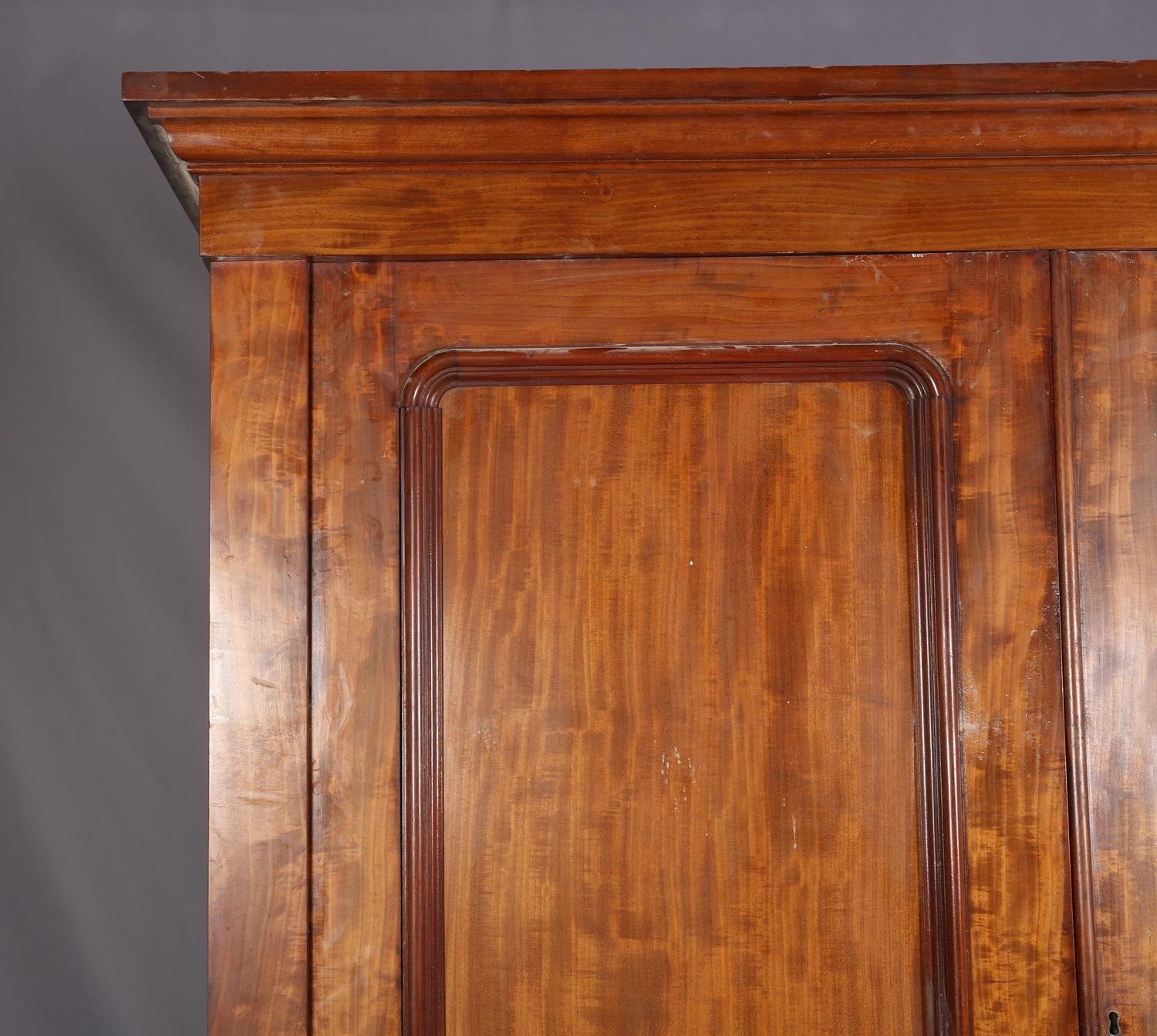 A 19th century mahogany clothes press, having a moulded cornice above two indented panel doors, - Image 3 of 5