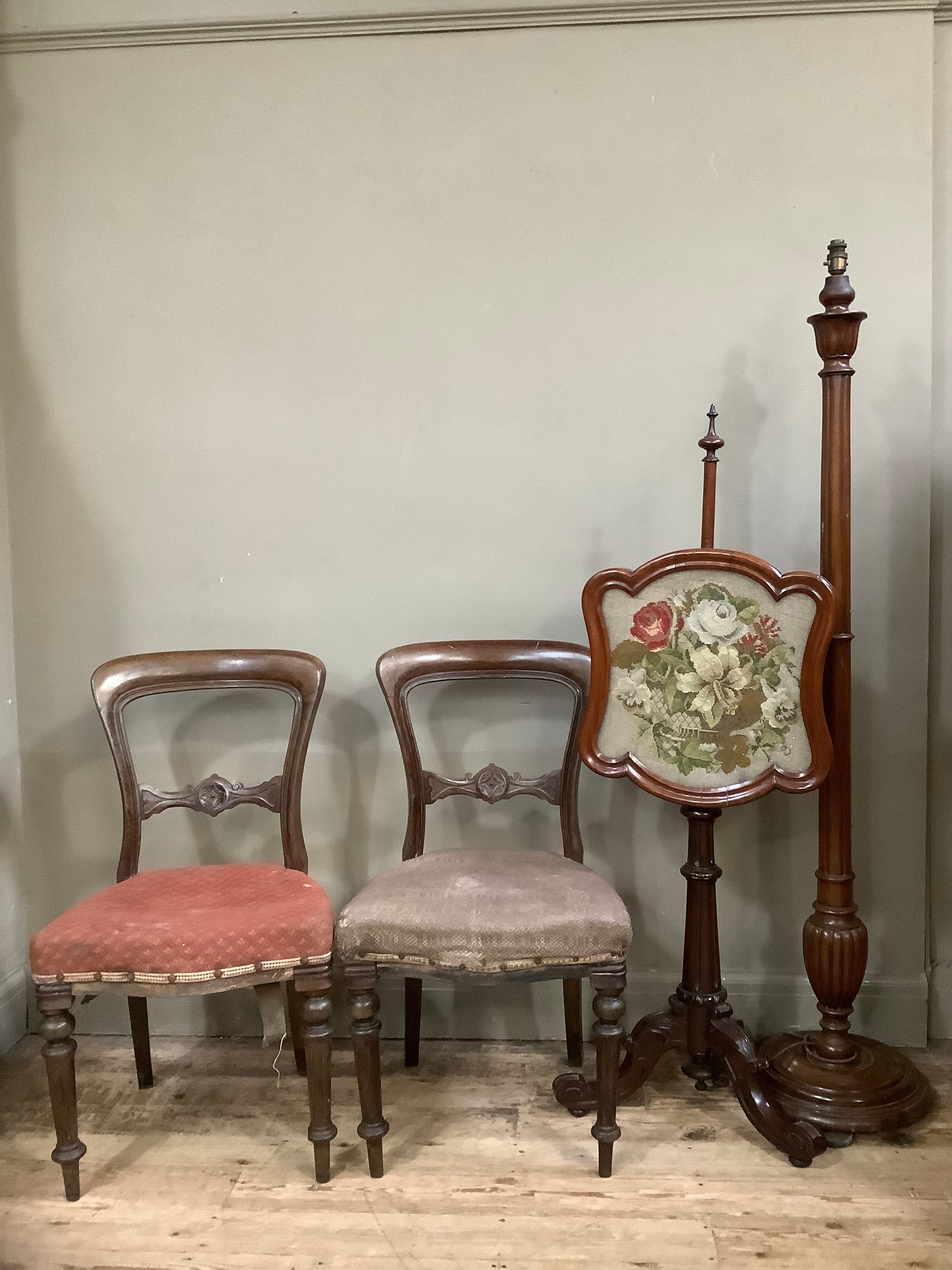 A pair of Victorian mahogany dining chairs, a 19th century mahogany pole screen with carved