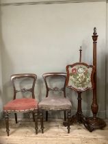 A pair of Victorian mahogany dining chairs, a 19th century mahogany pole screen with carved