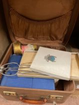 A vintage blue cloth writing set and a handkerchief wallet, a case, Veropak folding coat hanger, a