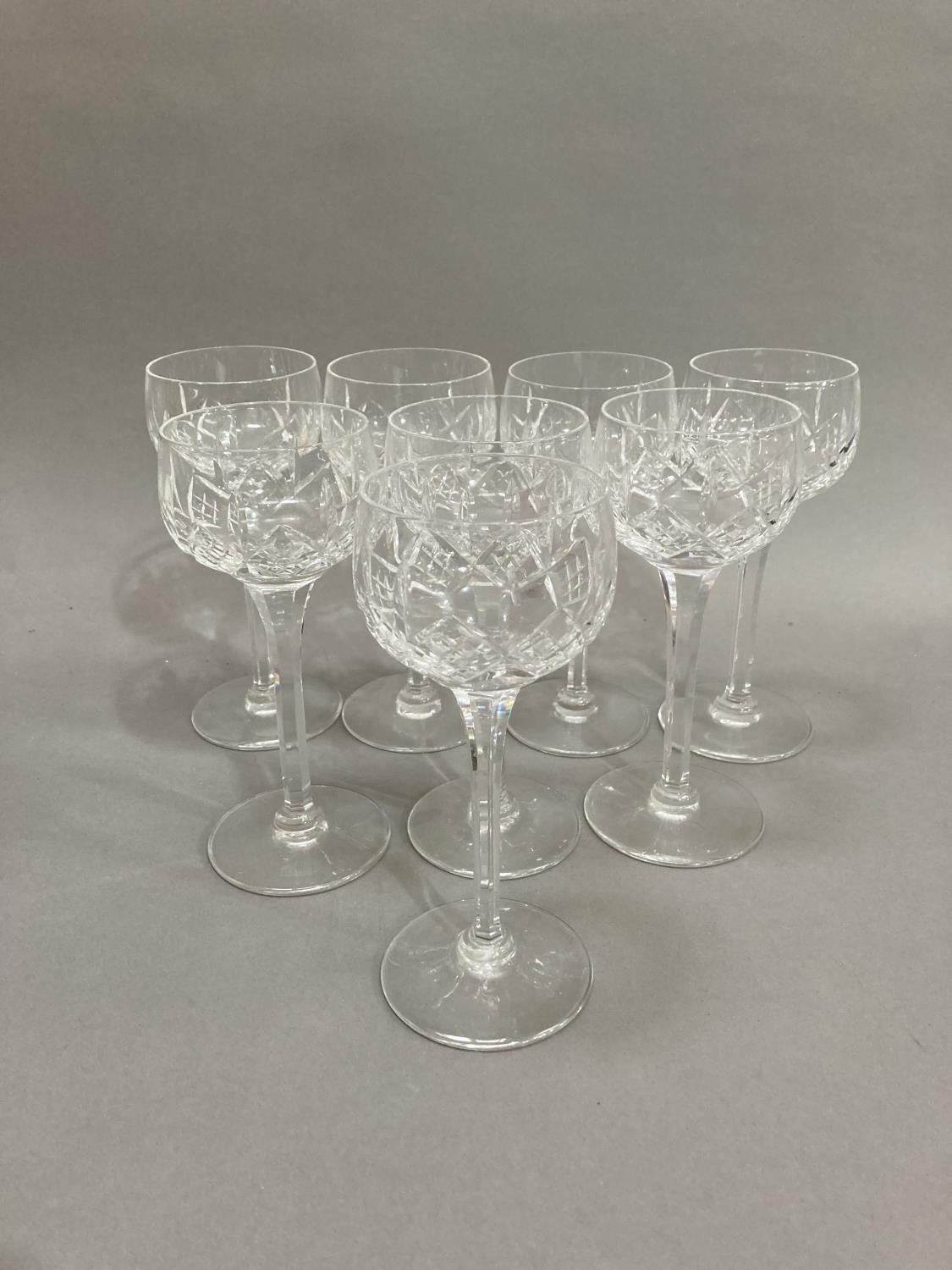 A suite of eight cut glass hock glasses