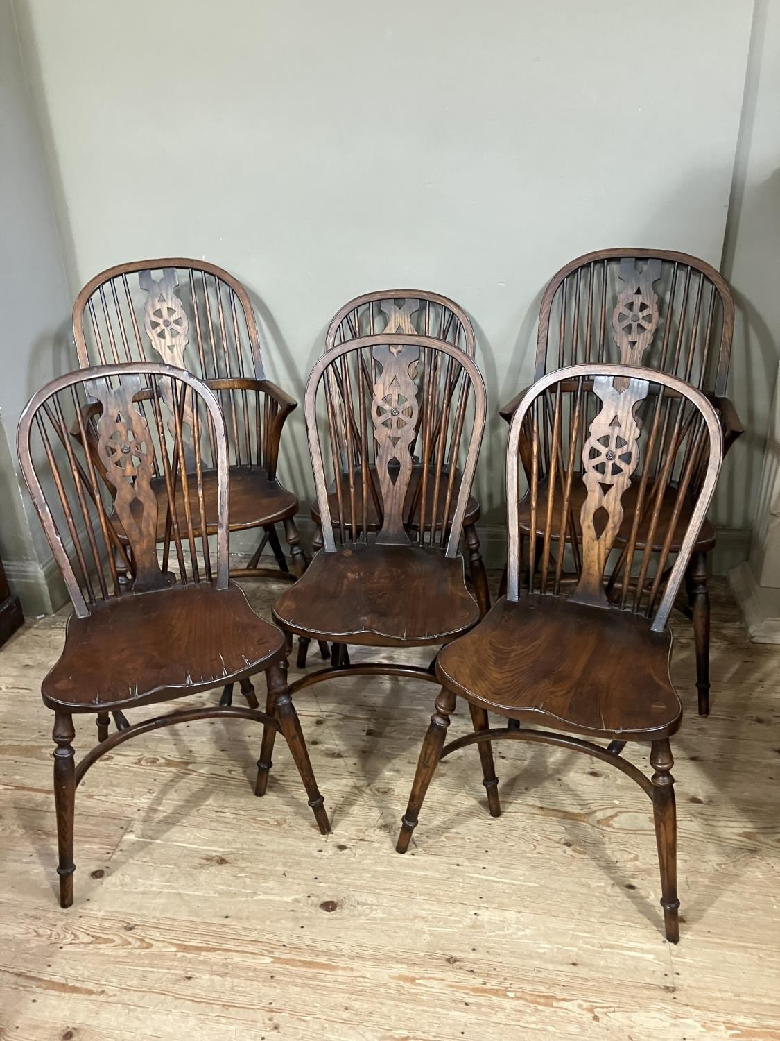 A set of six wheel back dining chairs comprising two carvers and four singles - Image 3 of 3