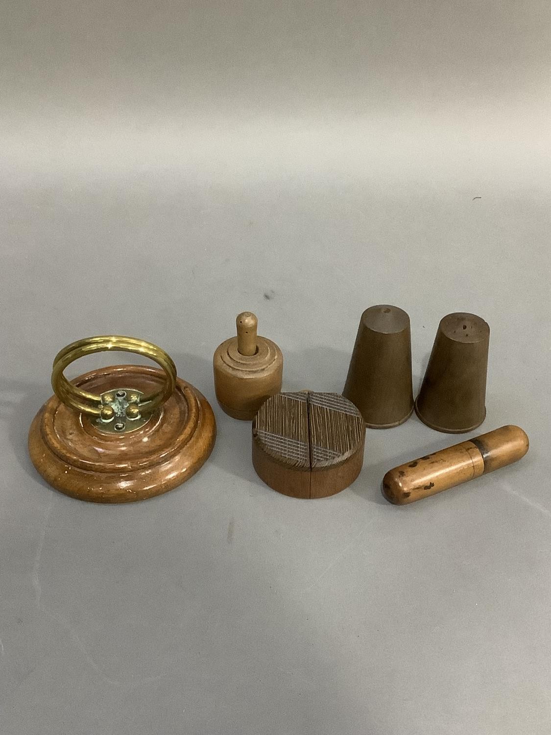 A Victorian oak and brass ring letter holder, a pine butter mould, treen holder, a pair of 1960s - Image 2 of 2