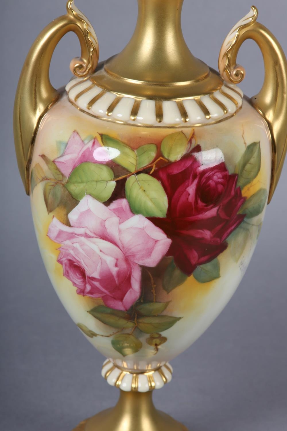 A Royal Worcester urn-shape vase and over painted by W H Austin with red and pink roses, signed - Image 3 of 9