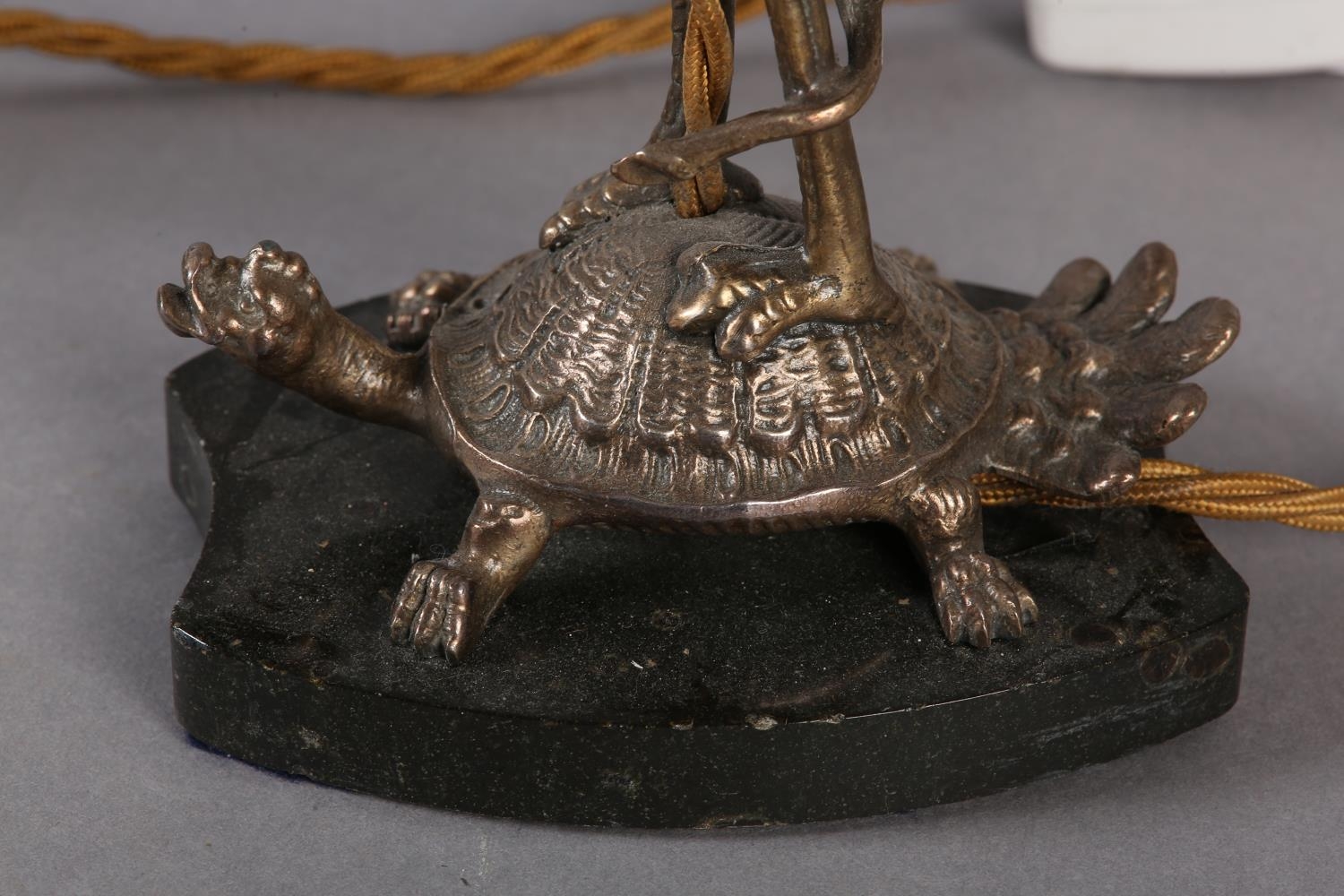 A PAIR OF EPNS TABLE LAMPS IN THE FORM OF A CRANE PERCHED ON THE BACK OF A TURTLE, on black marble - Image 3 of 9