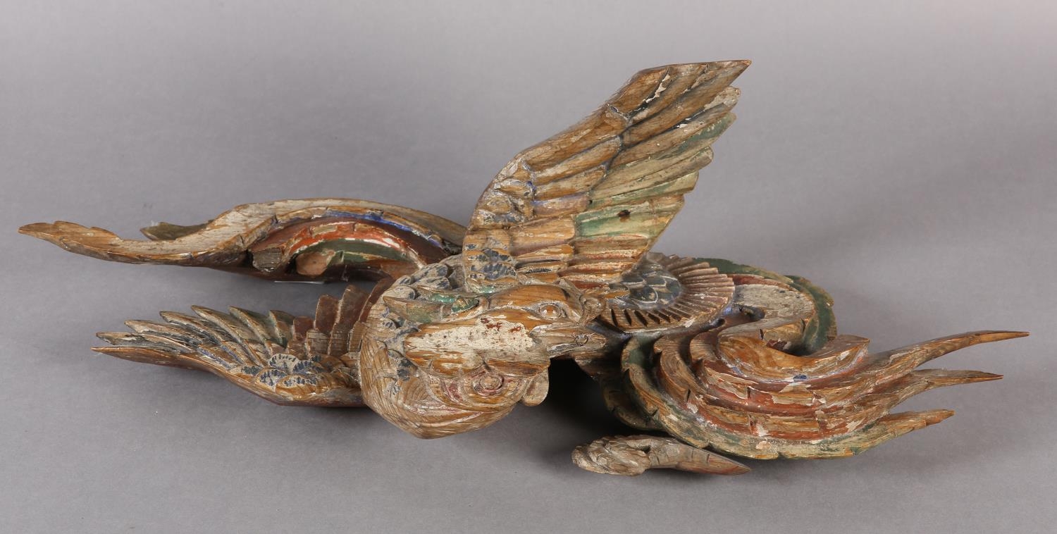 An 18th century Polychrome painted pine carving of a phoenix amongst the clouds, 58cm wide x 20cm - Image 9 of 11