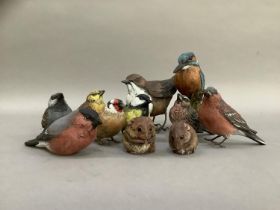 A collection of model birds including Kingfisher, dipper, bullfinch and other garden birds and two