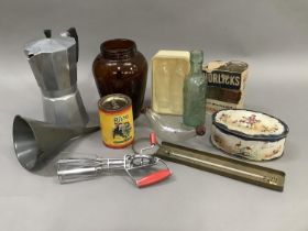 A quantity of kitchenalia including coffee percolator, cooking thermometer, whisk, baby's bottle