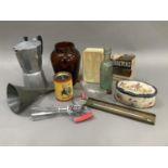 A quantity of kitchenalia including coffee percolator, cooking thermometer, whisk, baby's bottle