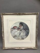 A colour print after Sir William Russell Flint, circular, young Spanish woman in flounced dress,