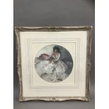 A colour print after Sir William Russell Flint, circular, young Spanish woman in flounced dress,