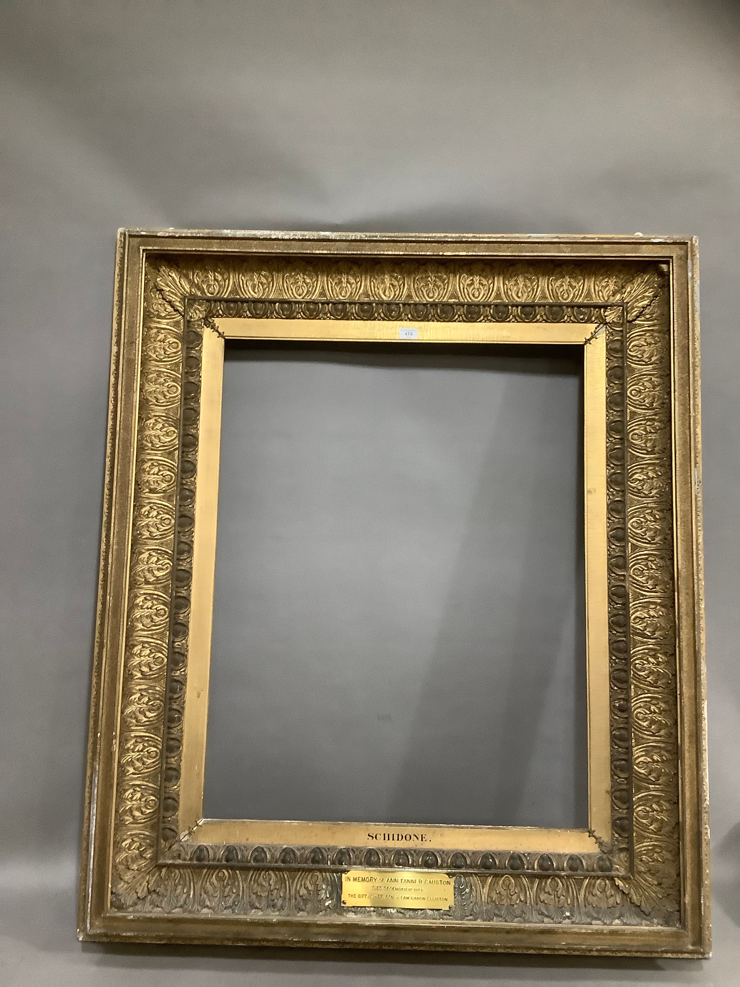A 19th century giltwood picture frame with projecting moulding, acanthus leaf surround and egg and