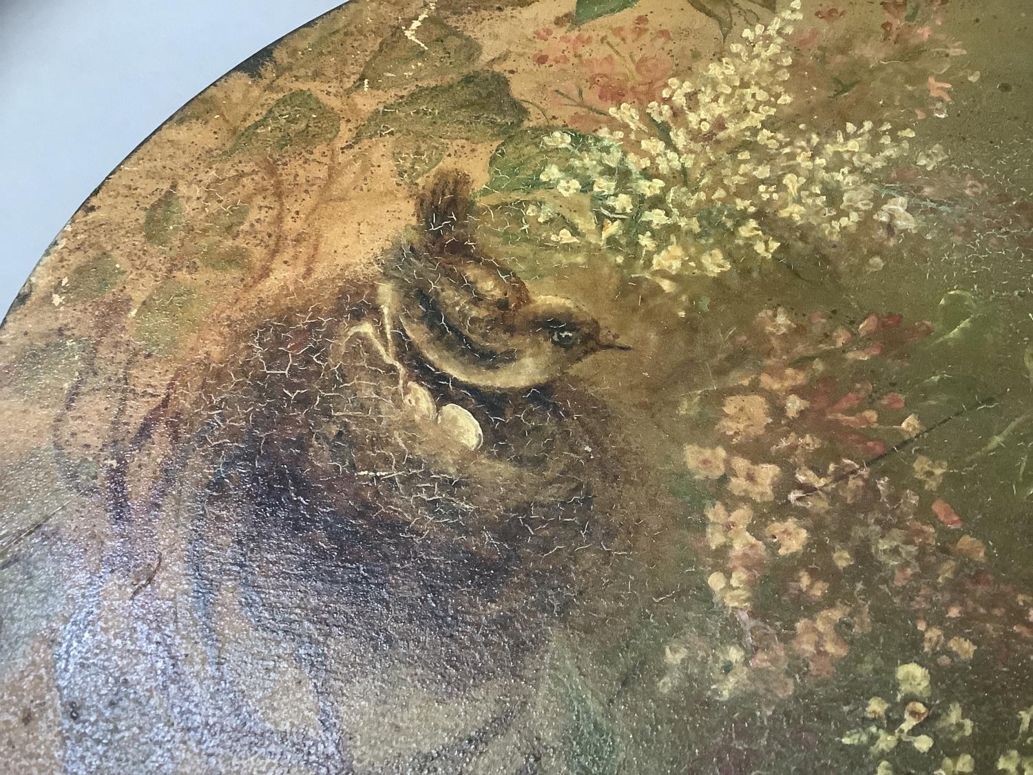 A Tamborine, painted with two wrens on a nest within foliage, 36cm diameter - Image 3 of 3