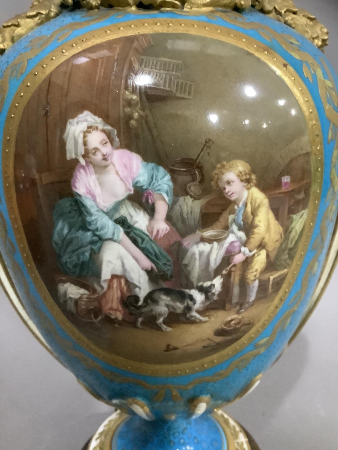 A French Sevres style vase converted to a lamp, the ovoid body painted with a mother and child in - Image 2 of 5