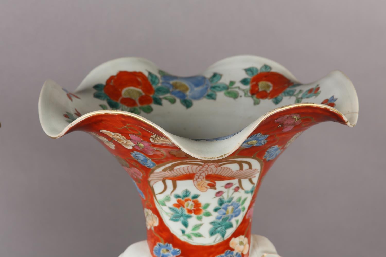 A Pair of Japanese Kutani vases, with flared frilled rims, having twin handles formed as white - Image 8 of 10