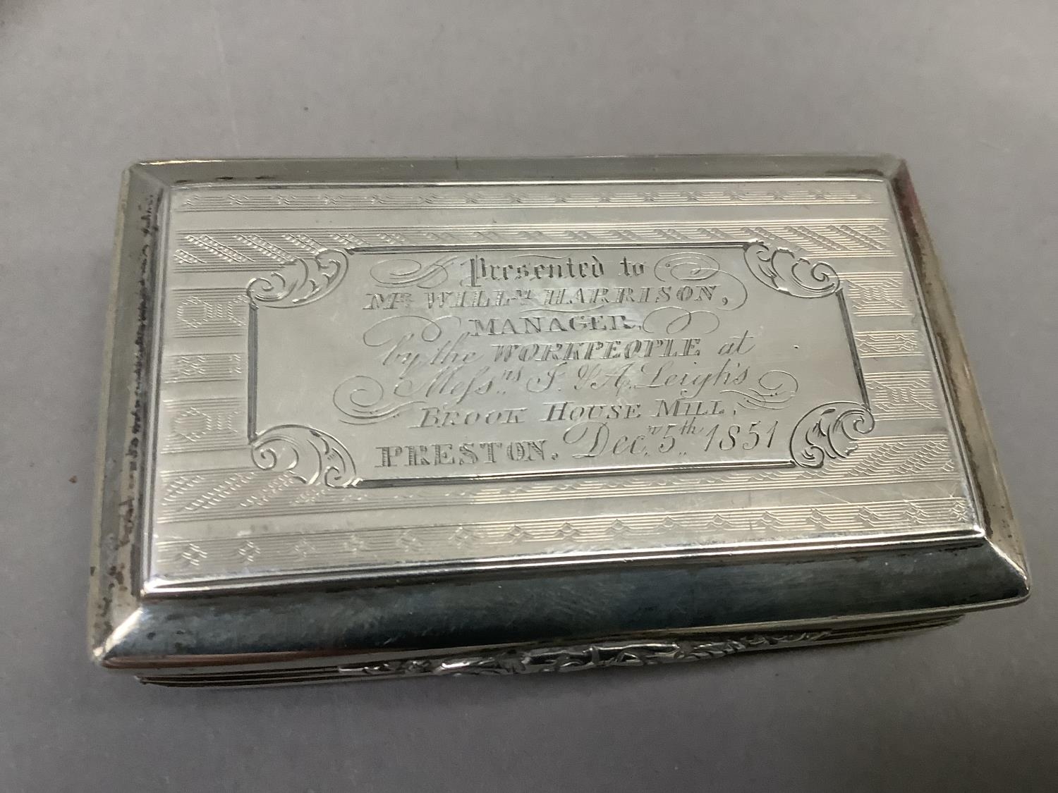 A Victorian silver snuff box by Nathaniel Mills, Birmingham 1847, rectangular with ribbon engine - Image 2 of 3
