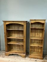 A modern pine open fronted bookcase with two pilaster columns and three shelves together with