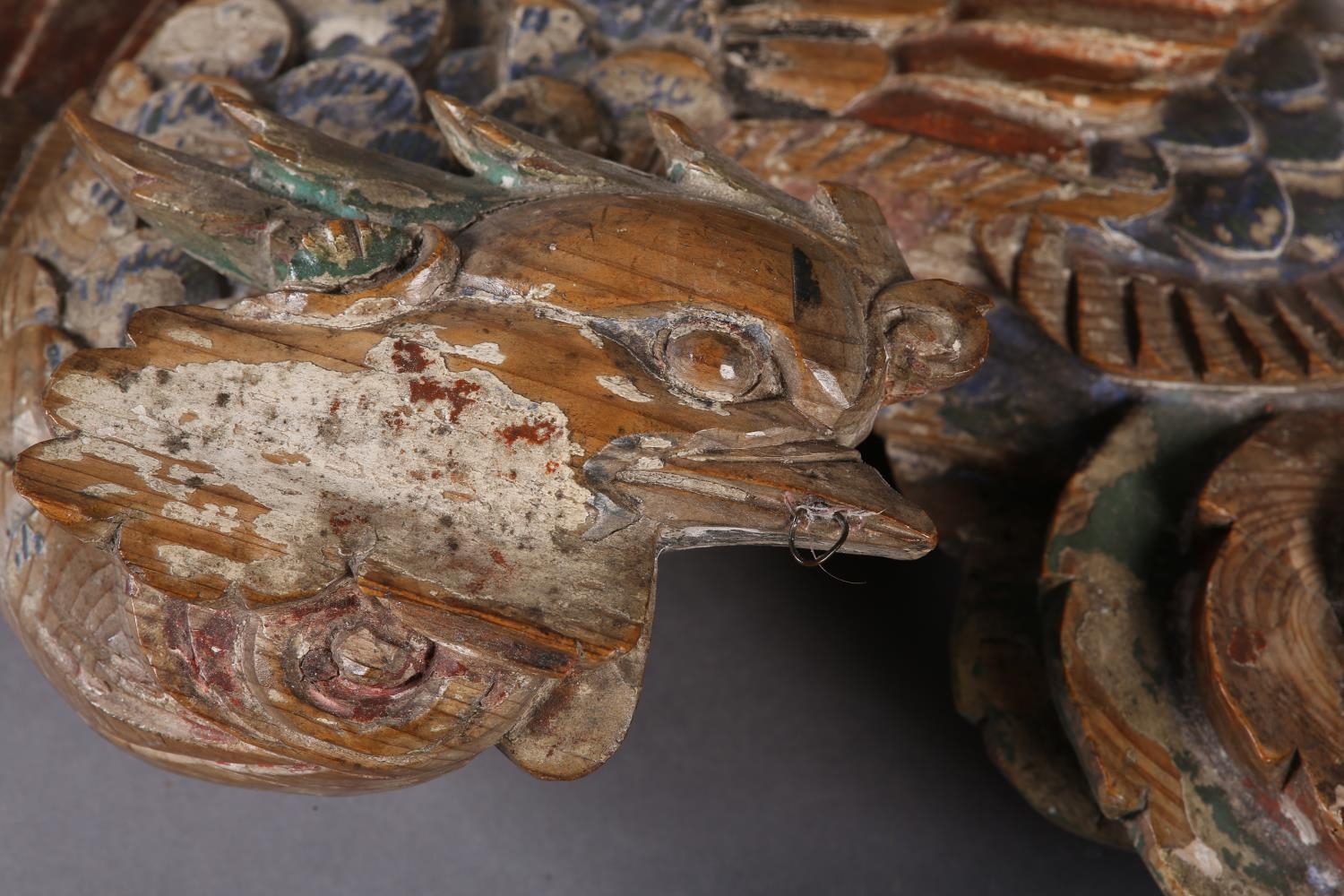 An 18th century Polychrome painted pine carving of a phoenix amongst the clouds, 58cm wide x 20cm - Image 11 of 11