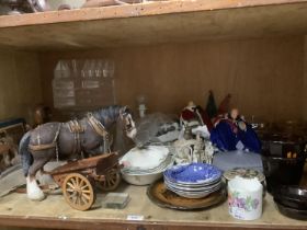 A model of a shire horse, perspex storage boxes, doll figurines of Prince Charles, smoked glass