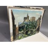 A portfolio of artwork including an oil of river, bridge and trees, another of a street scene of