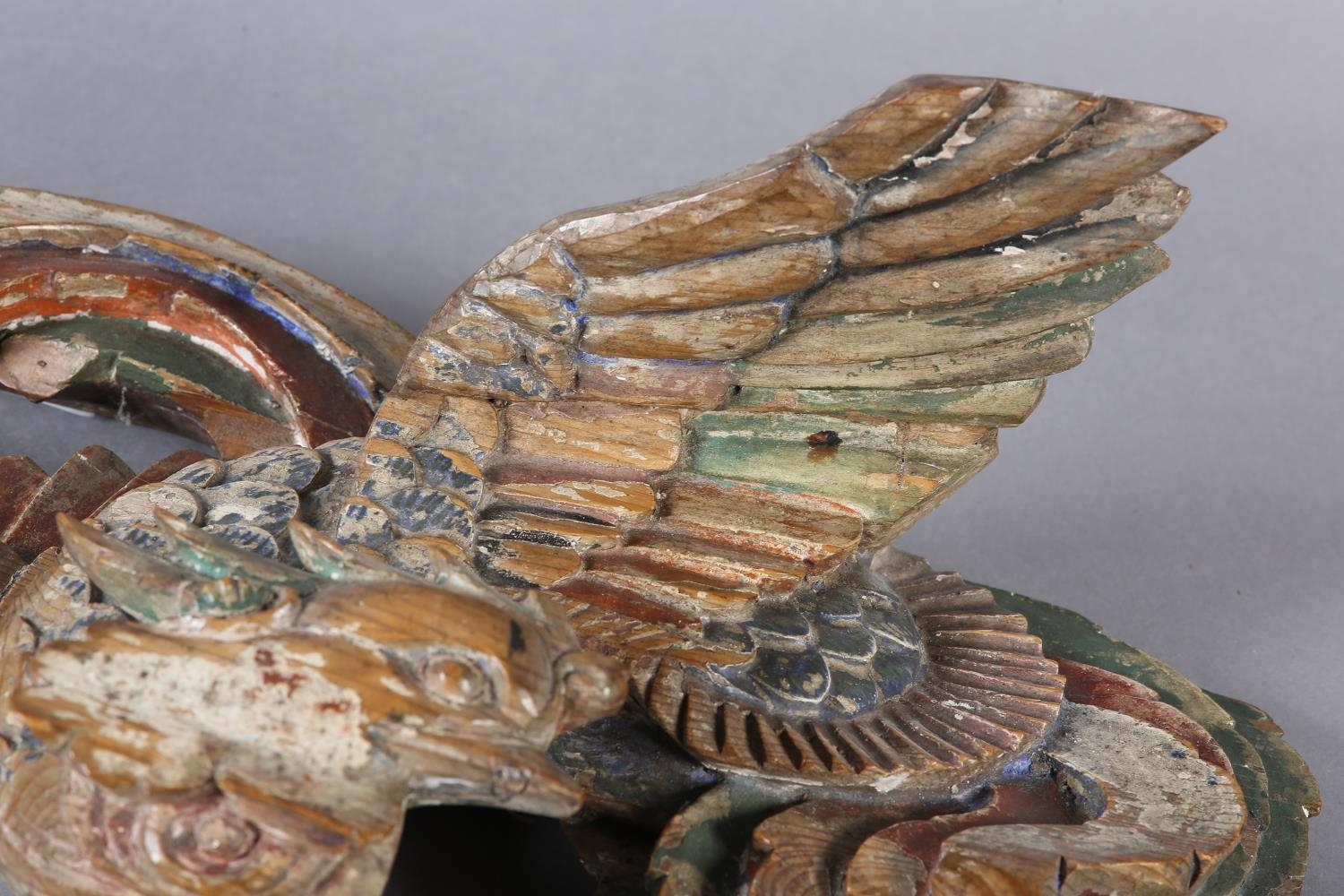 An 18th century Polychrome painted pine carving of a phoenix amongst the clouds, 58cm wide x 20cm - Image 7 of 11