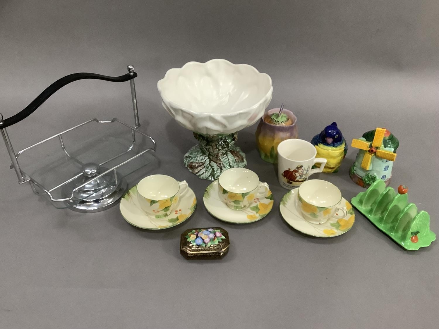 Art Deco ceramics including a Japanese windmill, a Sylvac pedestal bowl, parakeet preserve pots, a