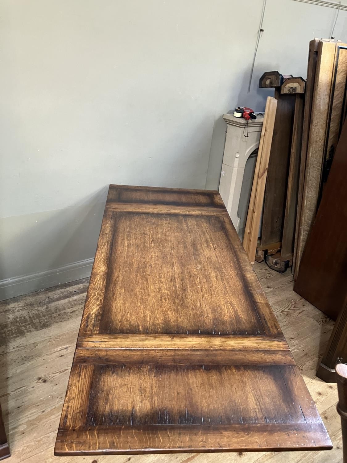 A Titchmarsh and Goodwin oak drawer leaf extending dining table on turned legs joined by an 'H' - Image 4 of 6