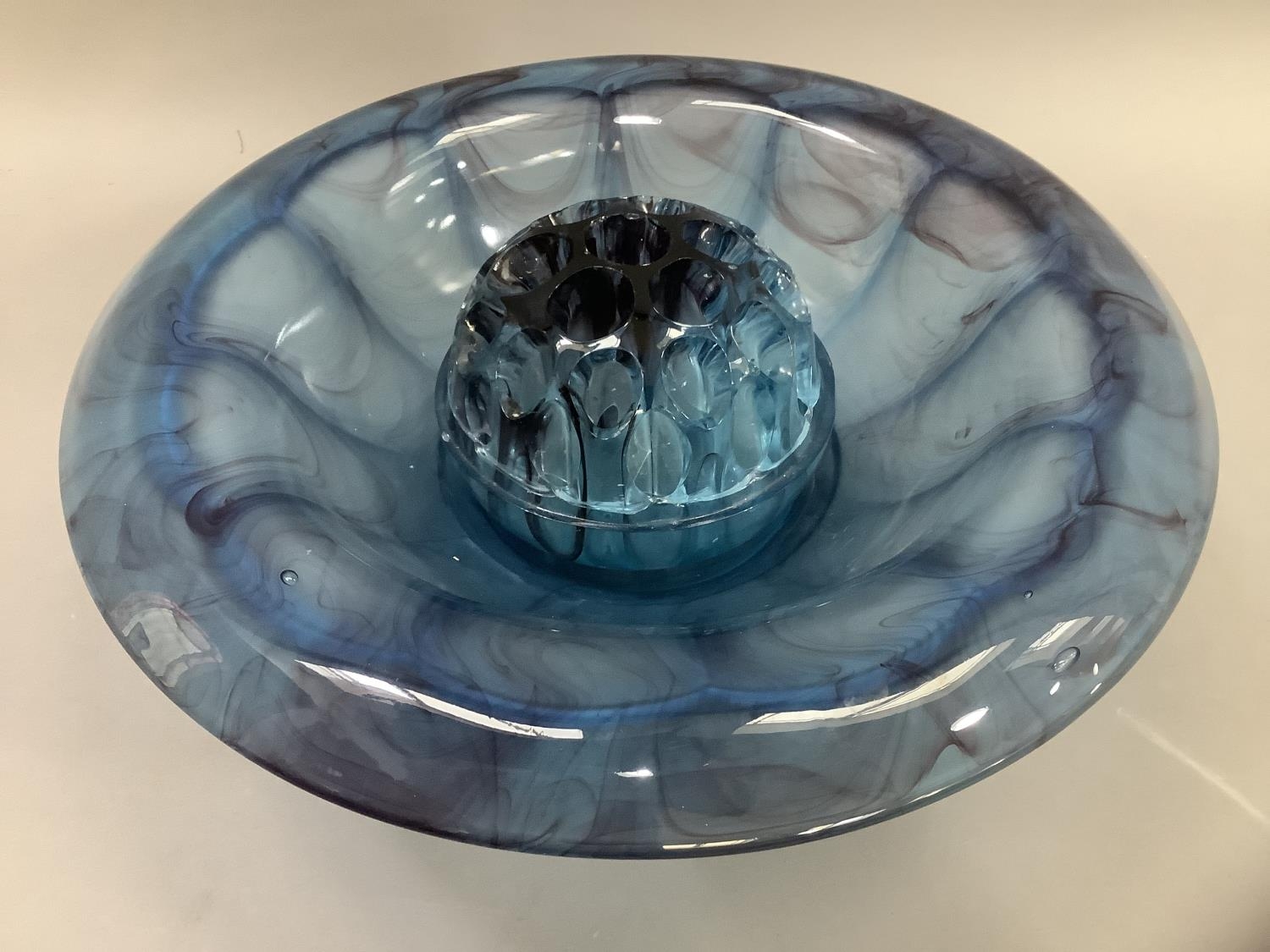 An Art Deco blue cloud glass bowl with broad everted rim on stand, with central posy, 35cm wide - Image 2 of 3