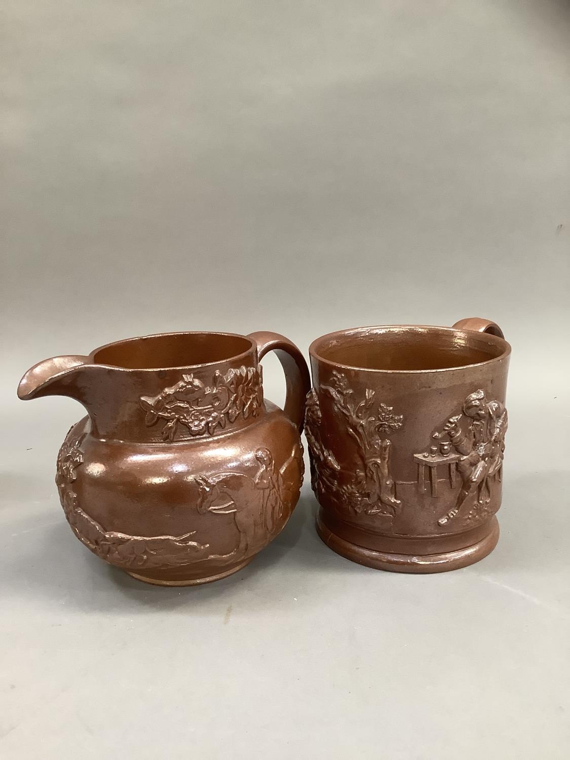 A 19th century barge ware jug the treacle glaze sprigged with urns of flowers, florets and a - Image 3 of 4