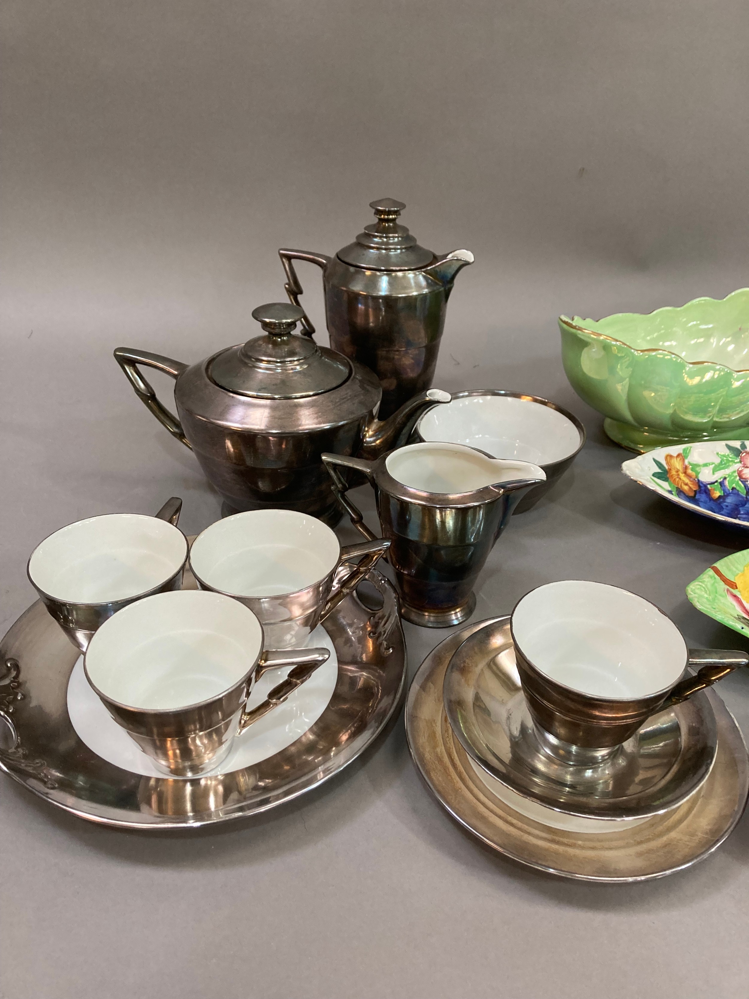 A continental Art Deco part tea service, silver lustre porcelain, circular stepped outline - Image 2 of 2