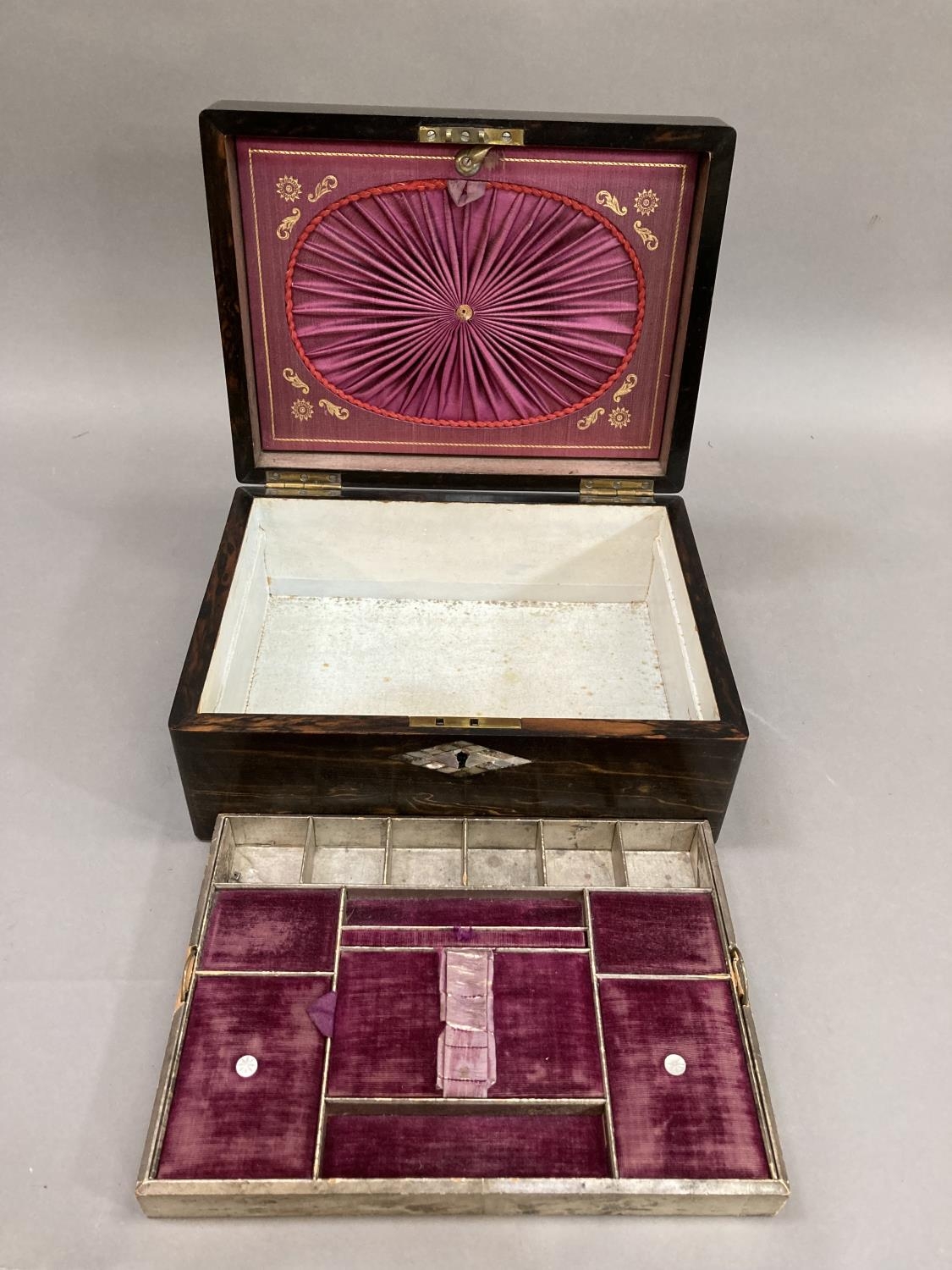 A 19th century coromandel work box inlaid with abalone cartouche and escutcheon, the interior - Image 3 of 3