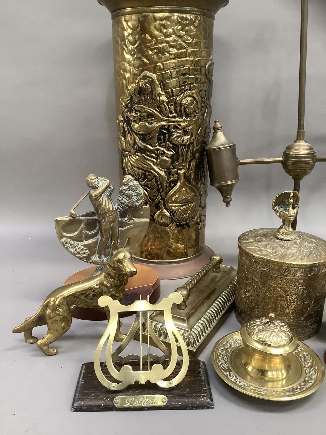 Brass ware including a Victorian inkwell, hearth ornaments, brass lyre-shaped letter holder, an - Image 2 of 4