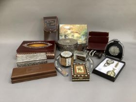 Various boxes, metal caskets, card boxes and cards, tissue holder, desk items, visitor's book,