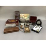 Various boxes, metal caskets, card boxes and cards, tissue holder, desk items, visitor's book,