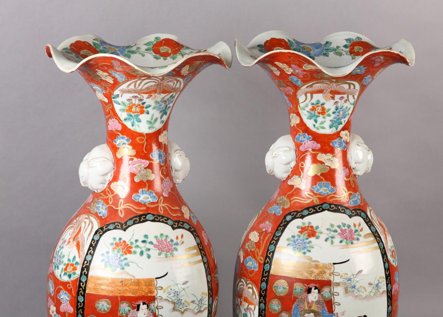 A Pair of Japanese Kutani vases, with flared frilled rims, having twin handles formed as white - Image 2 of 10