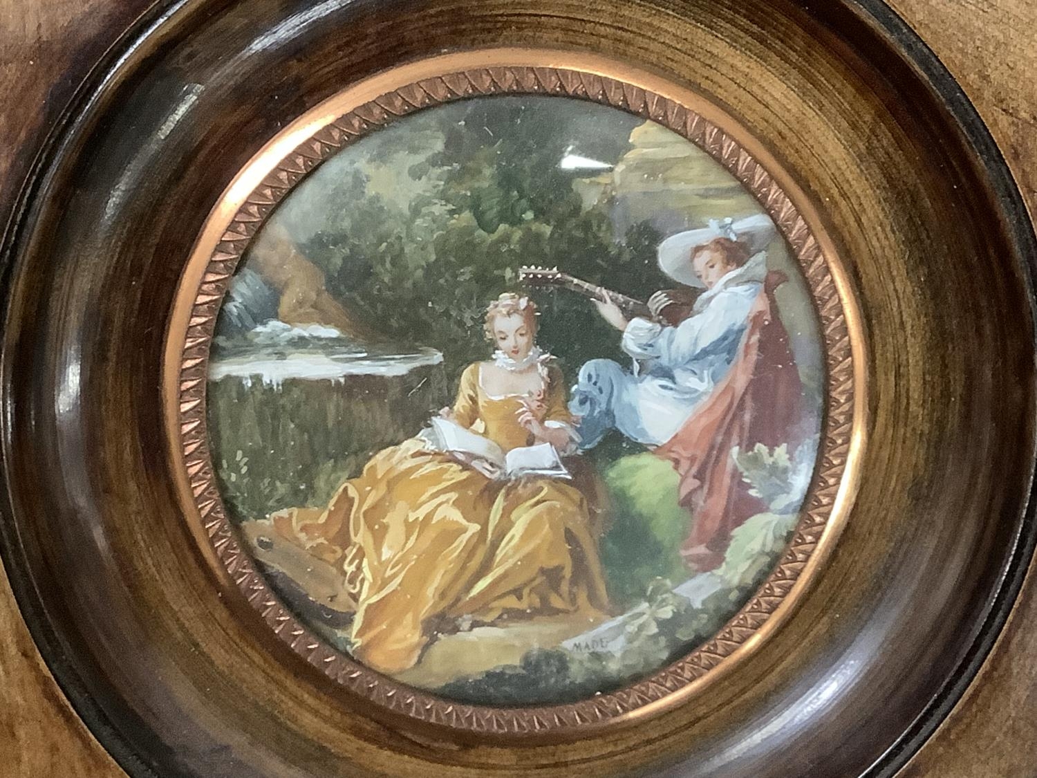 A reproduction pair of miniatures of romatic couples in landscapes, watercolour gouache, circular, - Image 5 of 6