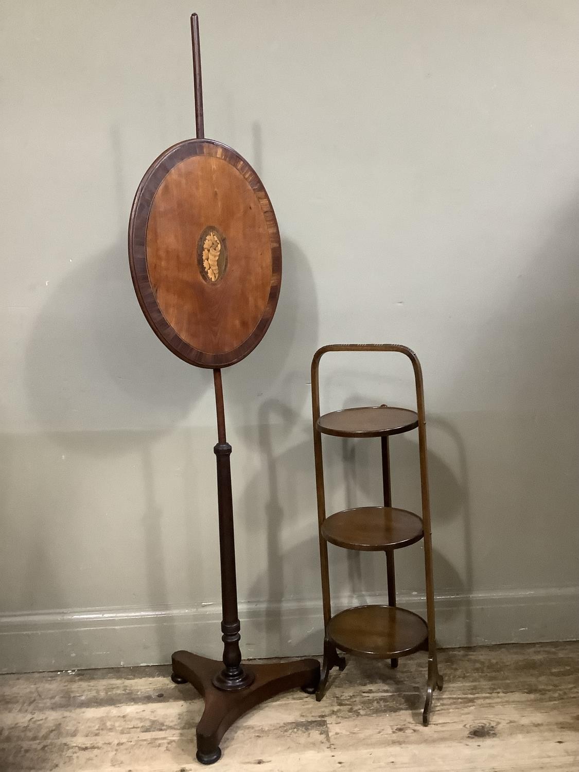 A 1920s three tier folding cake stand together with a mahogany pole screen the oval banner cross - Image 2 of 2