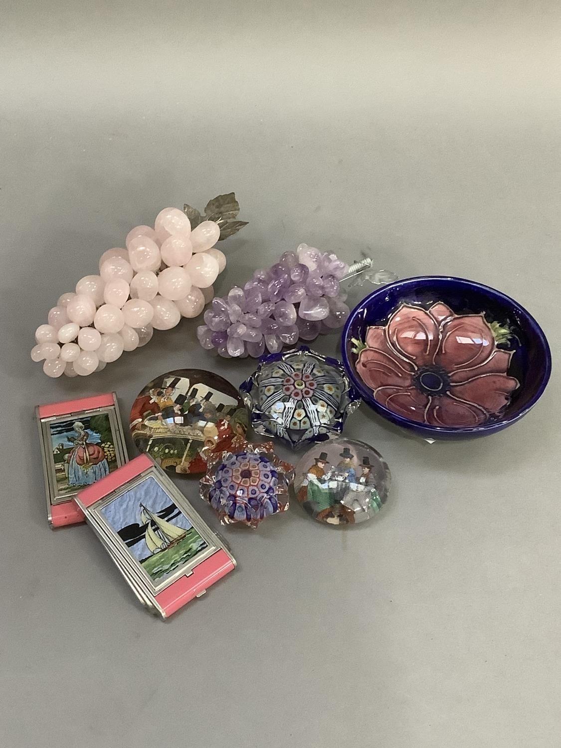 A Moorcroft dish, clematis pattern in pink against blue 11cm together with pink quartz grapes and - Image 2 of 3