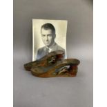 A pair of WWII painted wooden sandles and a photograph of James Stewart with inscription 'To