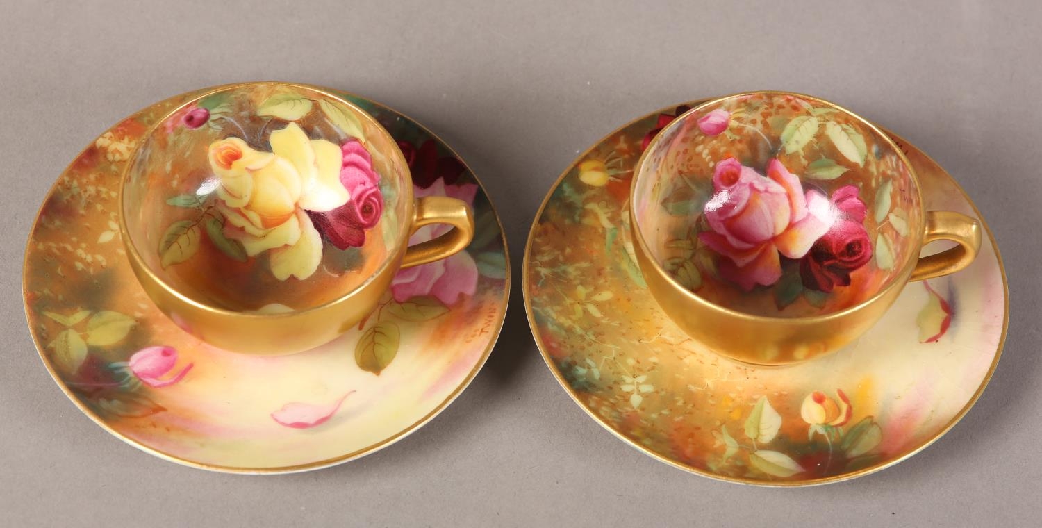 A pair of Royal Worcester cabinet cups and saucers, painted with yellow and pink roses, signed Twin, - Image 3 of 8