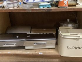 Four metal bread bins together with other kitchenalia