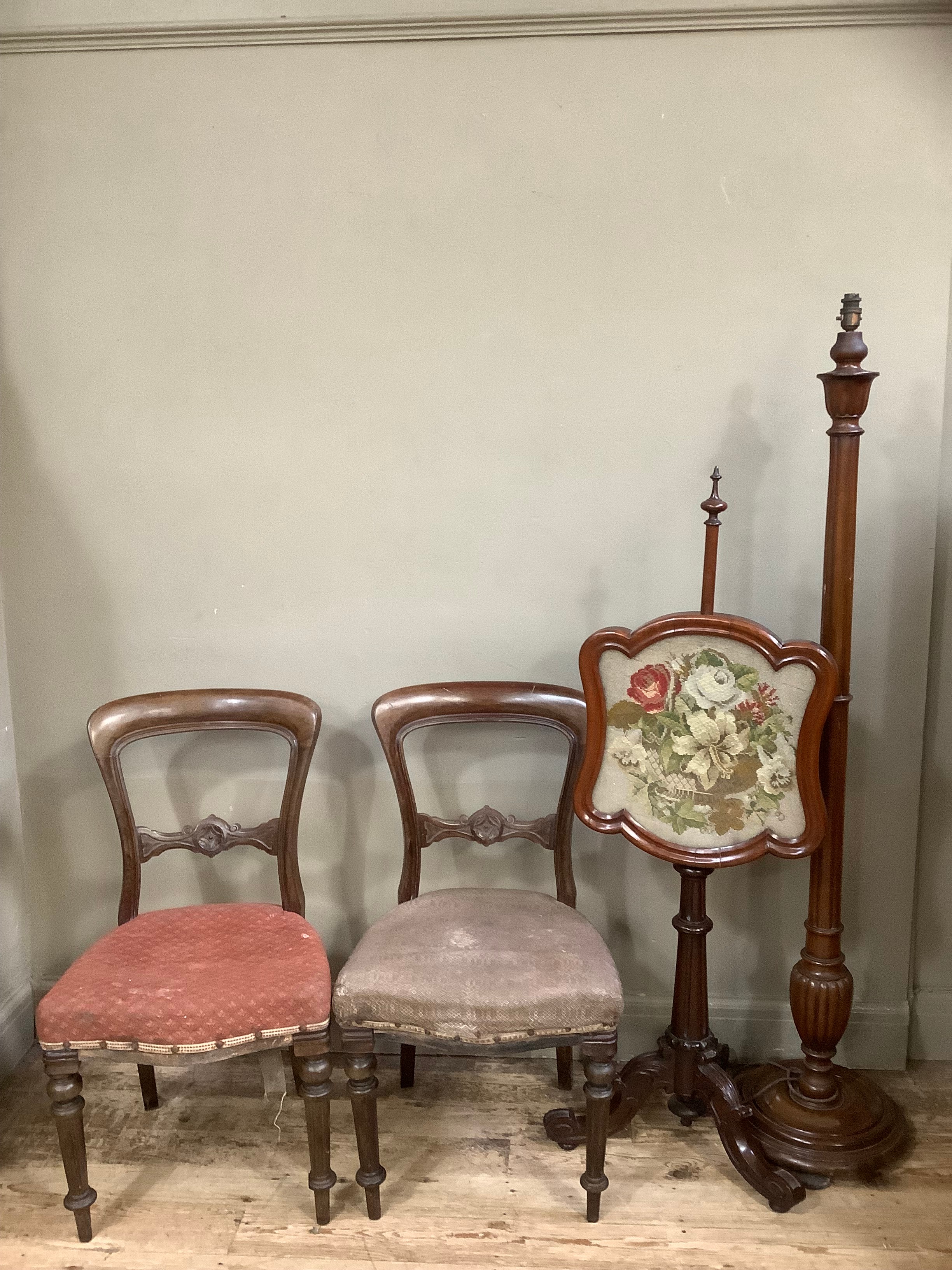 A pair of Victorian mahogany dining chairs, a 19th century mahogany pole screen with carved - Image 2 of 2