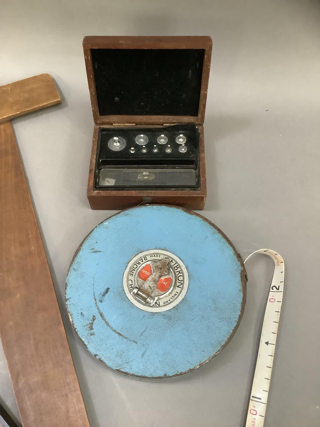 Two T- squares and a mid 20th century Rabone Chesterman tape measure and a box set of scales by J - Image 2 of 2